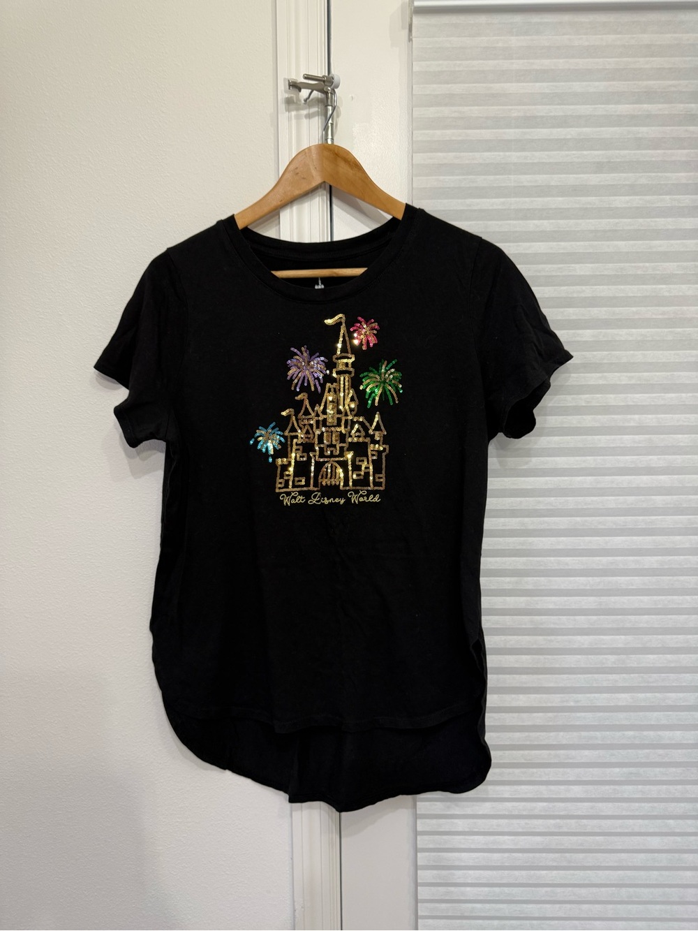 Disney Black Short Sleeve Tee with Gold Castle and Colorful Fireworks